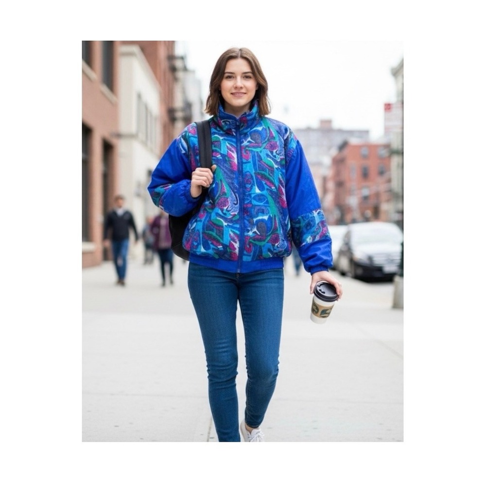 Vintage 100% Silk Abstract Bomber Windbreaker Jacket Retro Funky 90's- L